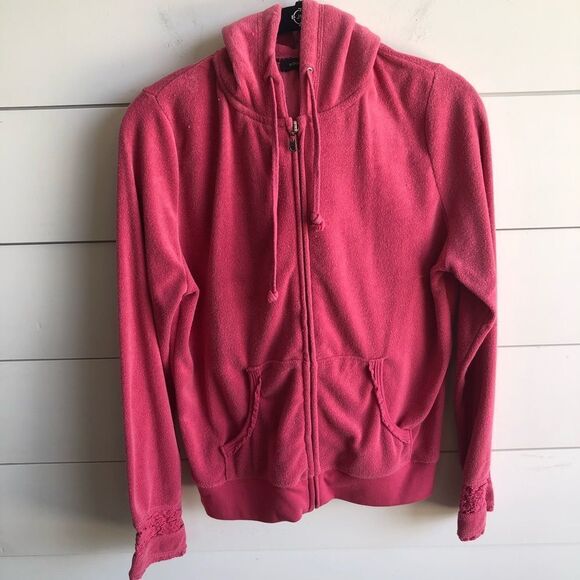 BCBG Terrycloth Zip Front Hoodie with Lace Sleeves - Picture 1 of 5